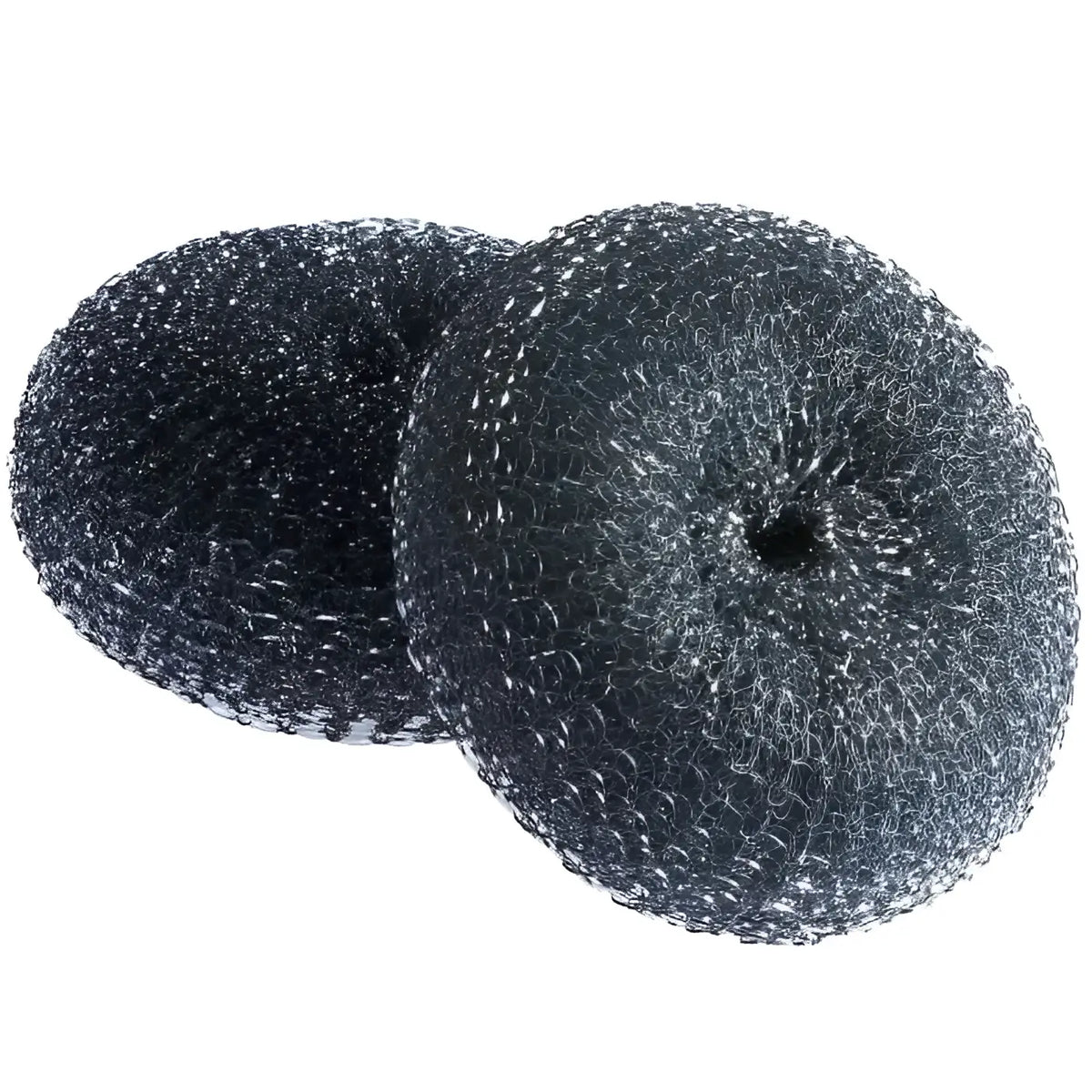 Zwei schwarze runde stahlwollscheuerpads mit dichtem metallgewebe und mittellöchern von floorstar es metall-topfreiniger edelstahl