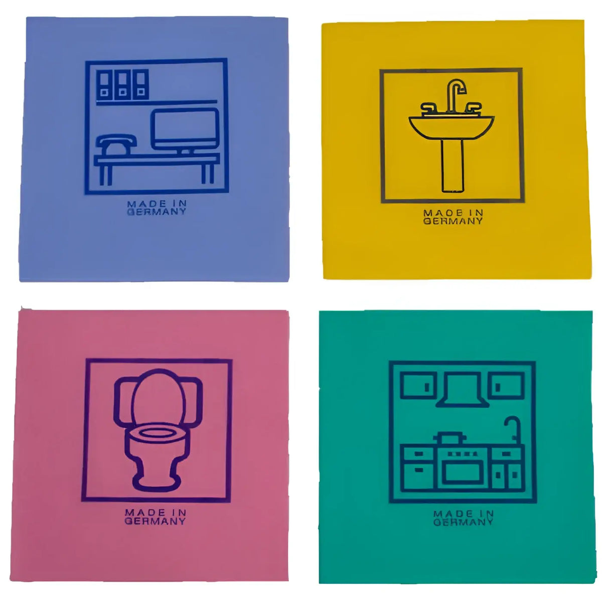 Set aus vier bunten quadratischen Floorstar Vlies Allzwecktüchern mit minimalistischer Badezimmer- und Küchenszene