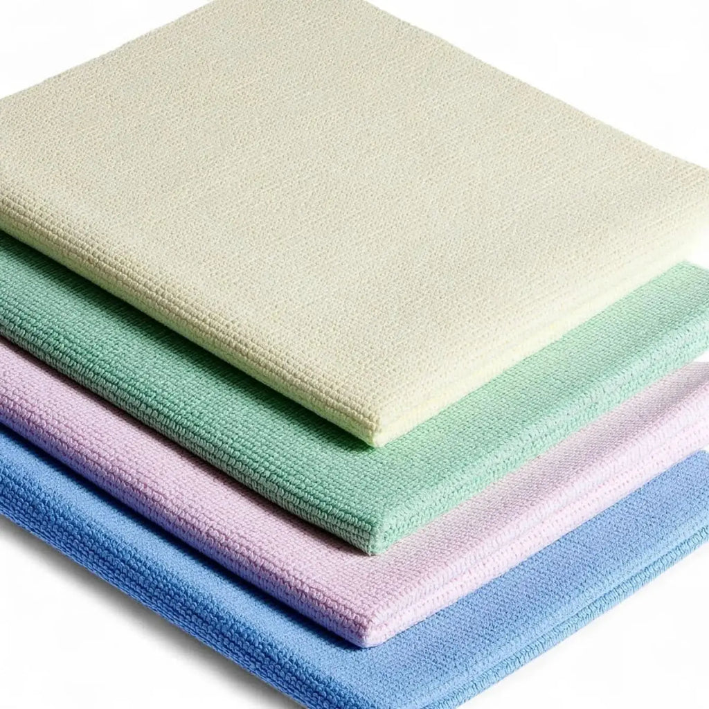 Stapel aus microfiber-reinigungstüchern floorstar microfaser-duettuch kappilar in pastellfarben creme, minzgrün, lavendel und hellblau