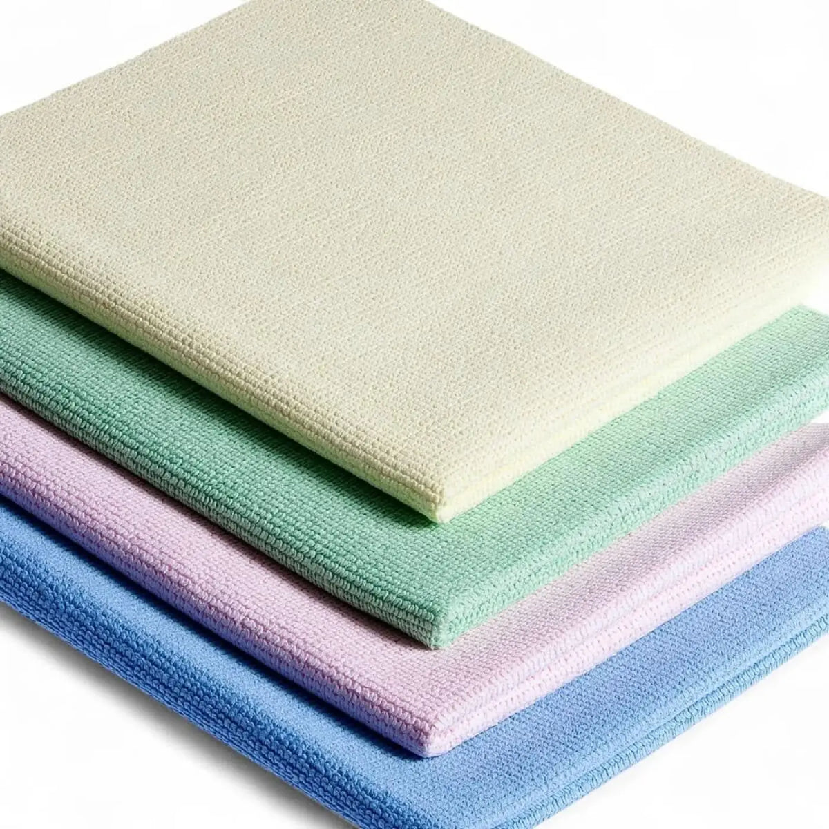 Stapel aus microfiber-reinigungstüchern floorstar microfaser-duettuch kappilar in pastellfarben creme, minzgrün, lavendel und hellblau