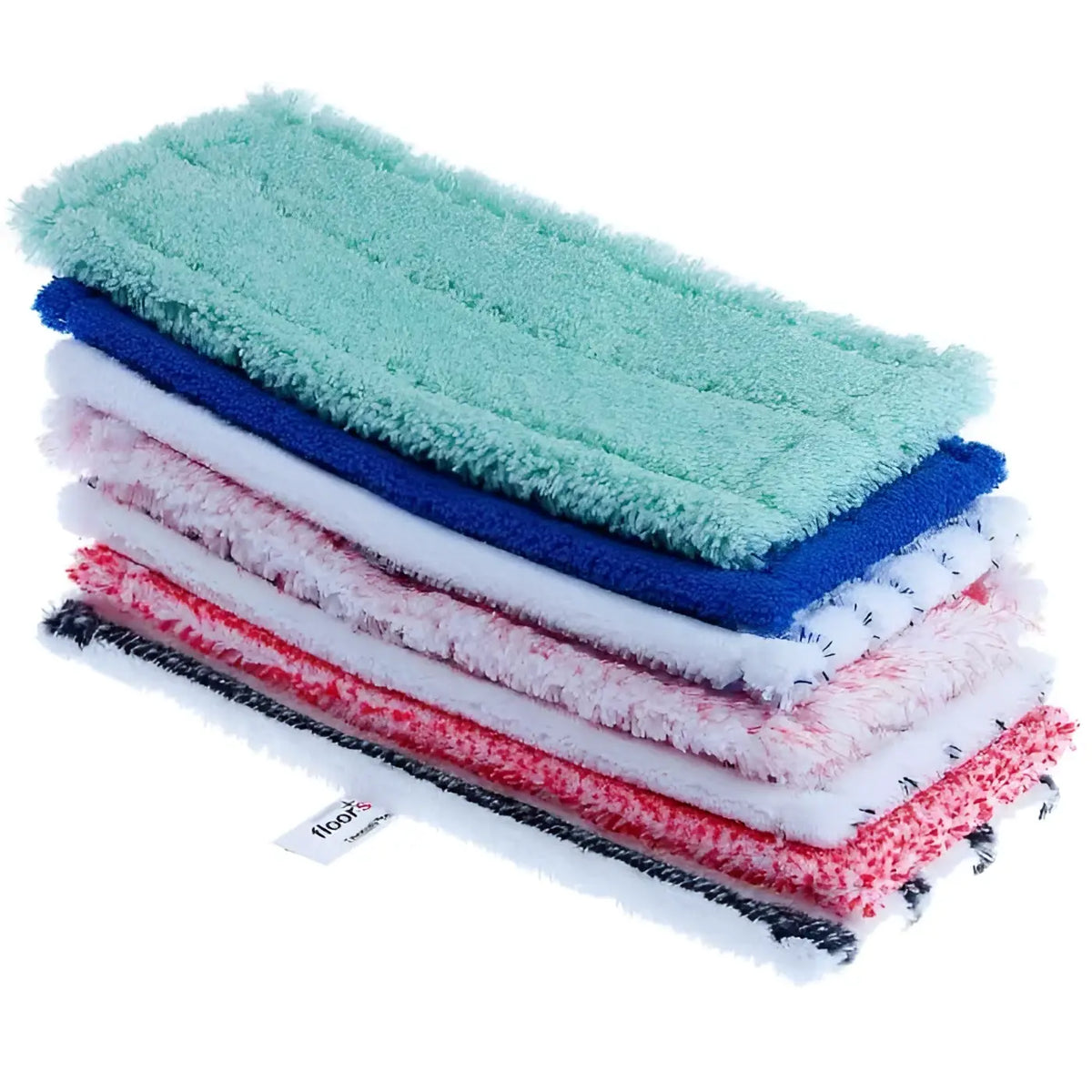 Haufen von bunten microfiber mop pads in mintgrün, blau, weiß, rosa und rot mit schwarzen sprenkeln für floorstar microfaser handpad