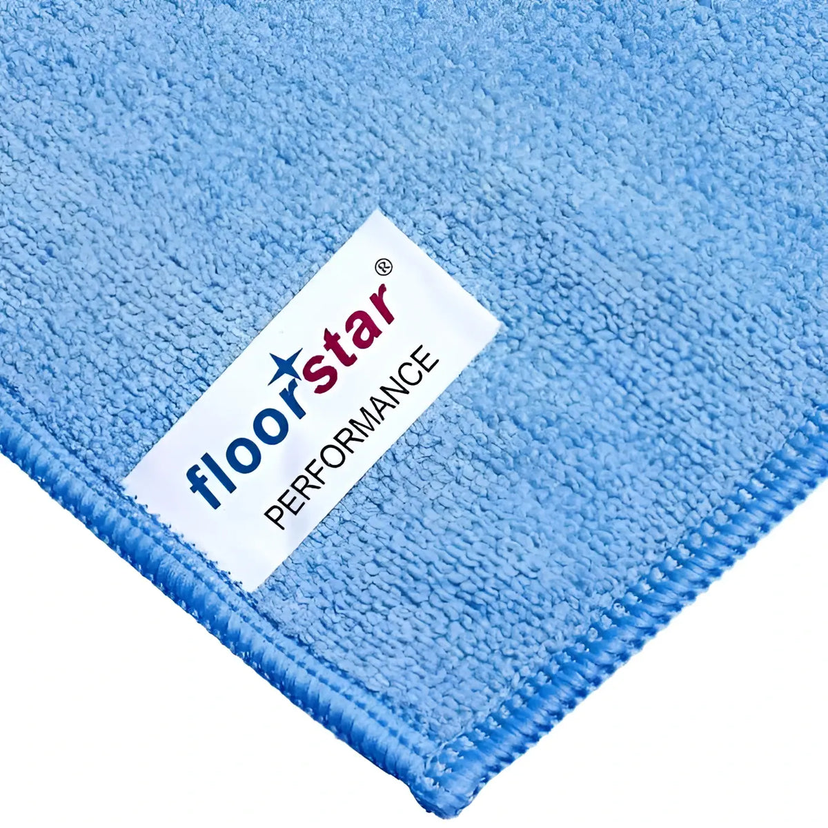 Lichtblaues microfiber premiumreinigungstuch floorstar performance mit weißem etikett für bodenreinigung