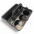 Schwarzer kunststoff auto getränkehalter mit drei kreisförmigen fächern und griff floorstar tragebox caddy