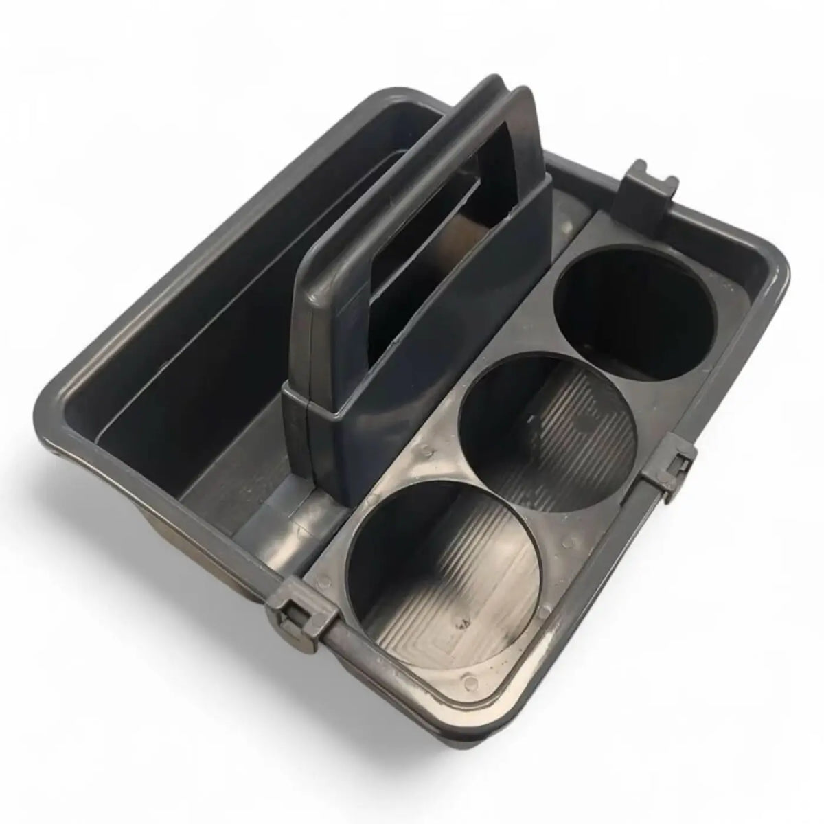 Schwarzer kunststoff auto getränkehalter mit drei kreisförmigen fächern und griff floorstar tragebox caddy