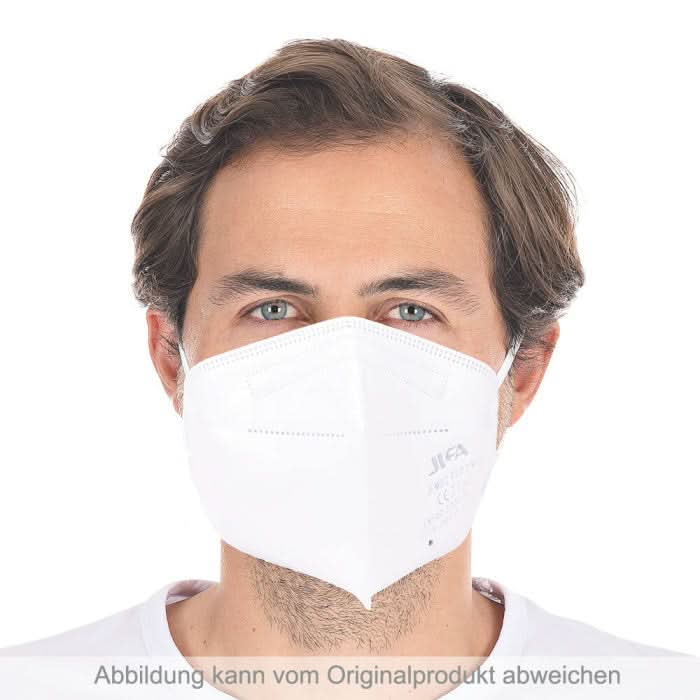 Weiße ffp2 atemschutzmaske ohne ventil mit dezentem grauen logo in 10er packung