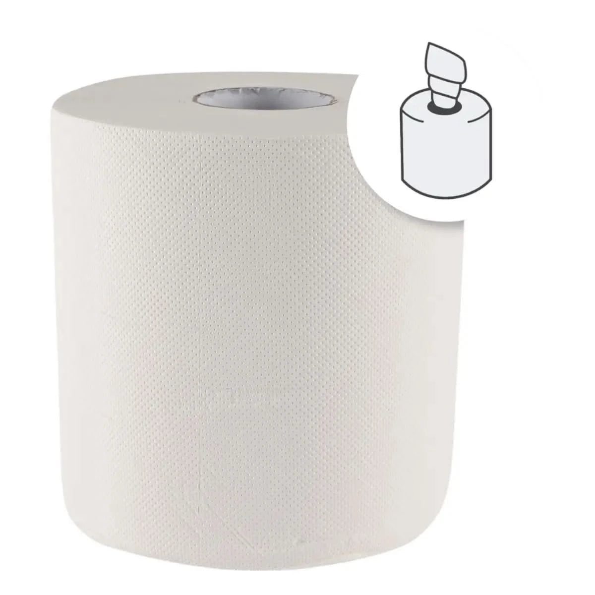 Eine weiße, strukturierte papierhandtuchrolle hygoclean mit innenabwicklung und perforierung, 2-lagig