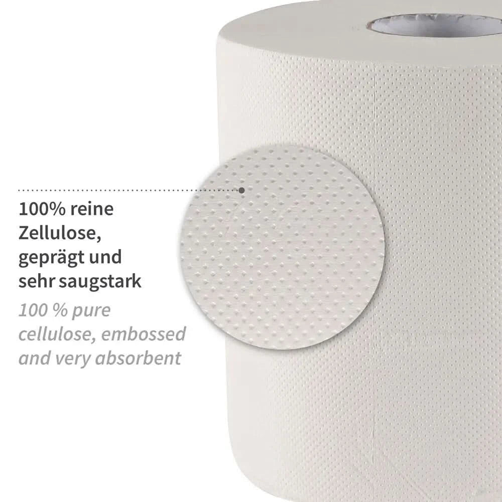 A weißes, geprägt toilettenpapier aus 100 prozent reiner zellulose in einer 6er pack hygienisch sauber