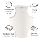 Weißes 2-lagiges hygienisches papierhandtuchrolle mit prägung 20 cm durchmesser innenabwicklung
