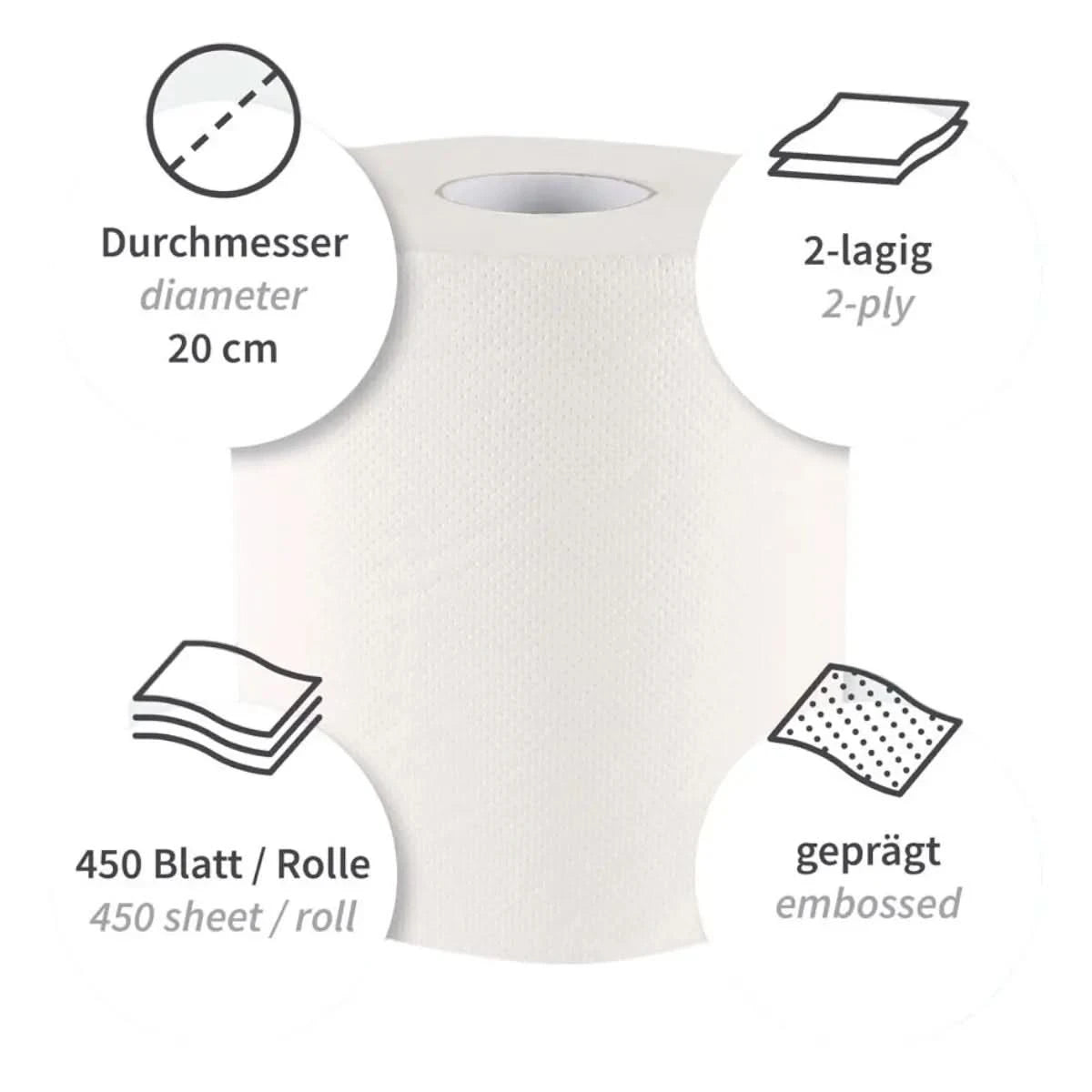 Weißes 2-lagiges hygienisches papierhandtuchrolle mit prägung 20 cm durchmesser innenabwicklung