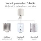 Weißer plastik papierhandtuchspender mit modernem design und minimalistischem schwarzen logo für hygoclean papierhandtuchrollen