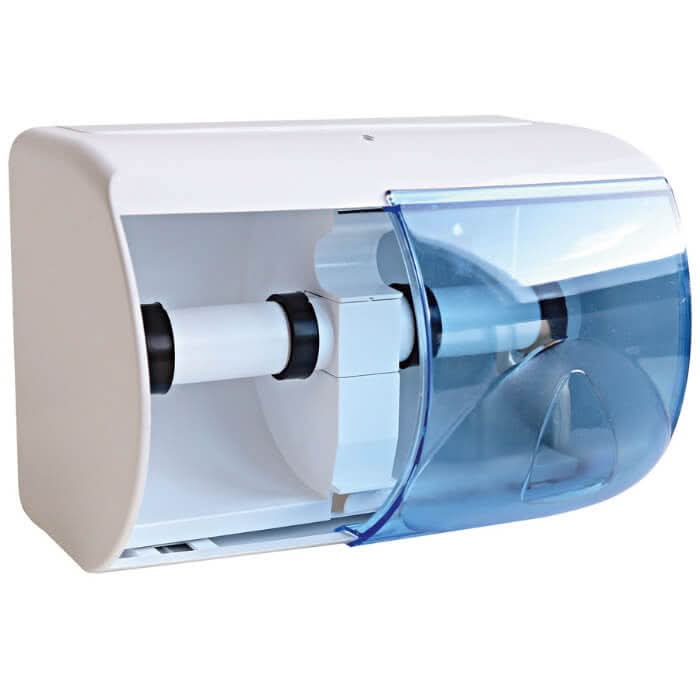 Hygoclean toilettenpapierspender aus weißem und transluzent blauem kunststoff mit modernem design
