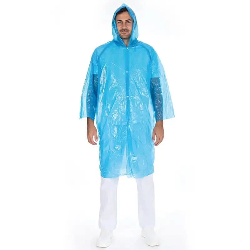 Hygonorm besucherkittel light pe mit kapuze in hellblau transparent aus plastik mit verstärkten armteilen