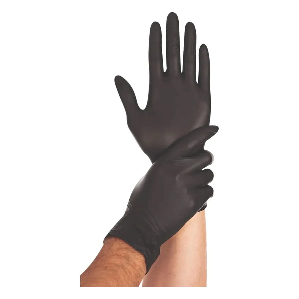 Schwarze nitril-hygostar safe light handschuhe mit glatter glänzender oberfläche und enger passform in 100 stück packung