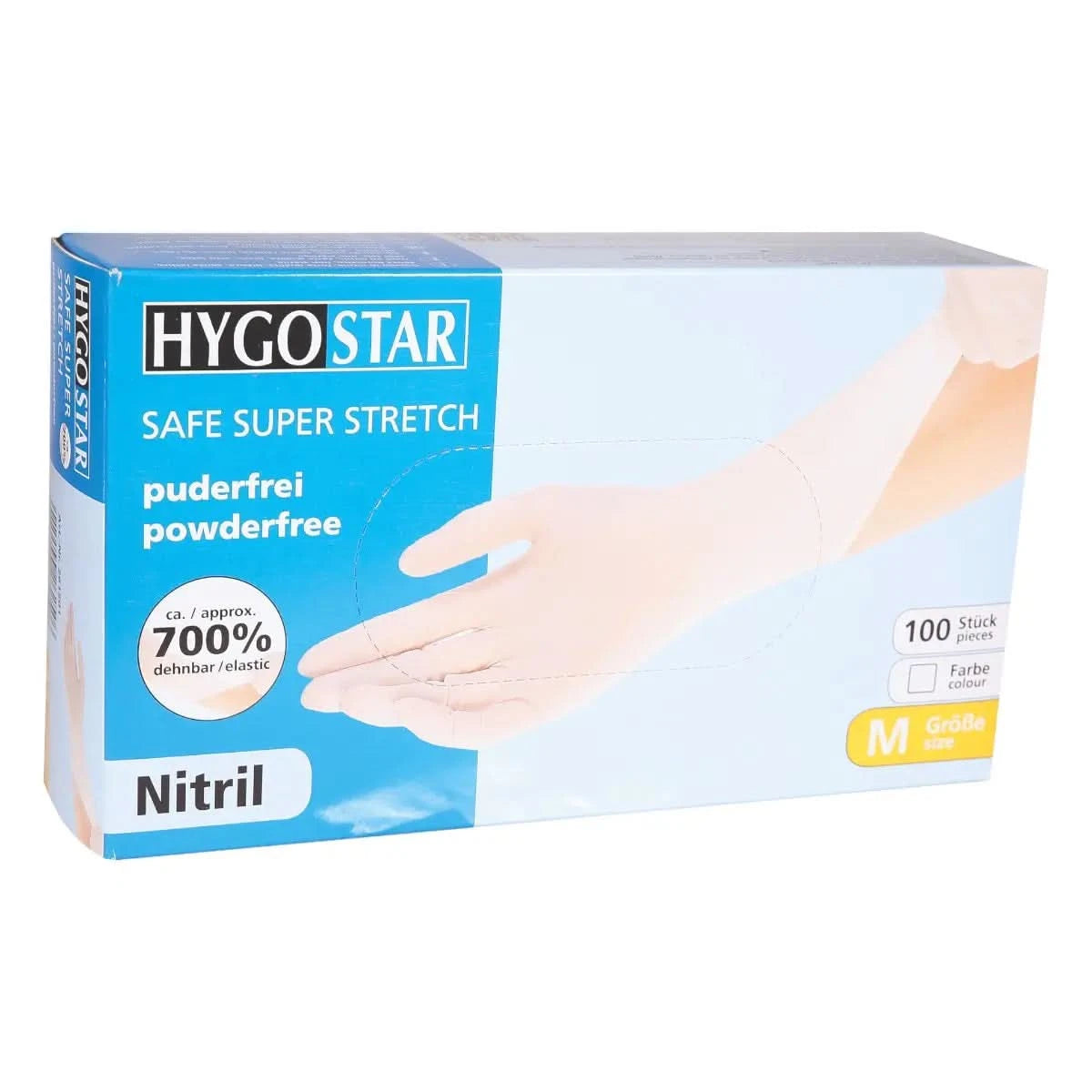 Hygostar "Safe Super Stretch" Nitril-Handschuhe Weiß 100 Stück von Franz Mensch, elastisch und puderfrei, für Hygiene und Reinigung.