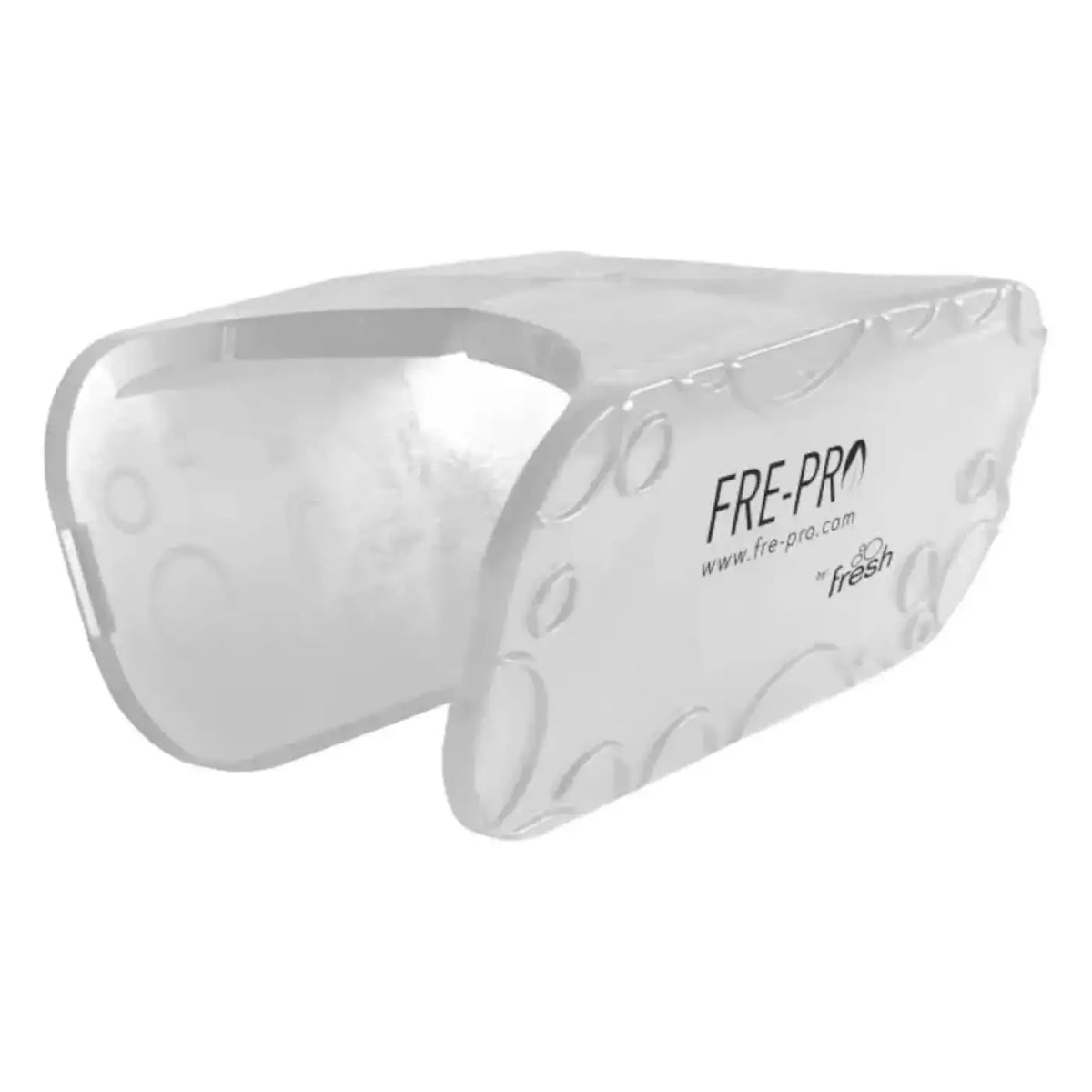 Transparent plastik fre-pro ice pack mit geprägten kreismustern und frepro logo im frepro eco air clip raumduft