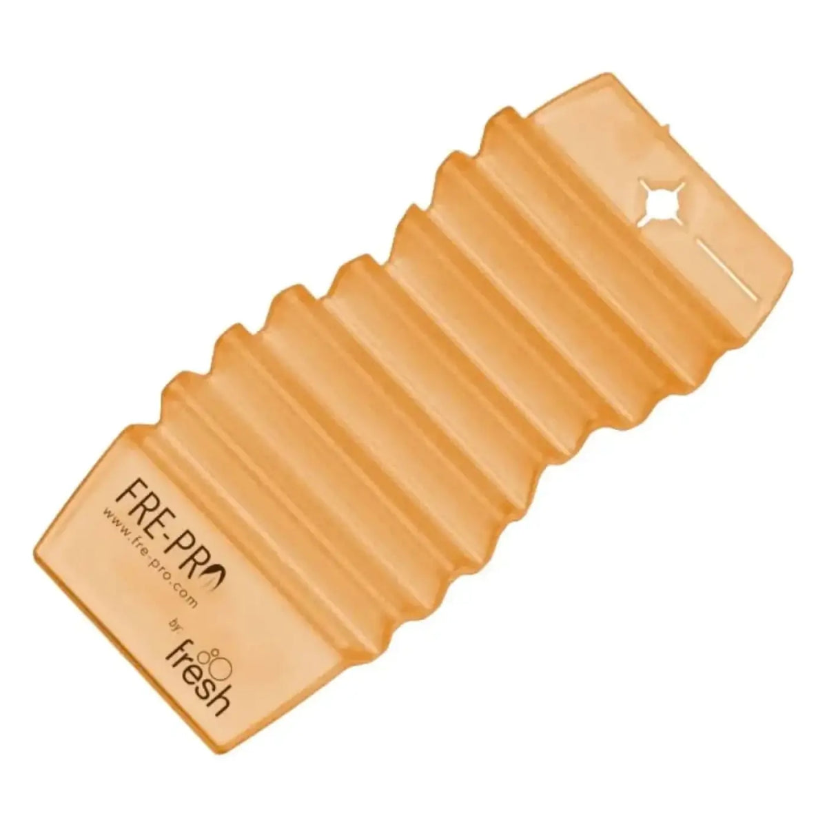 Transluzente orangene silikon kühlmatte mit geriffelter struktur und frepro logo für den frepro hang tag raumduft
