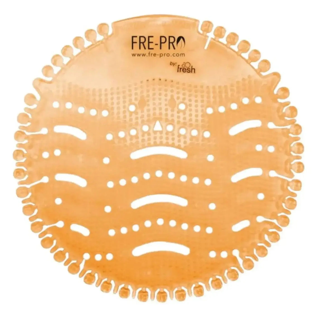 Orange transparente plastik fre-pro fresh toilettenreiniger mit wellenmuster und punkten frepro wave 2.0 urinaleinlage 2 stück