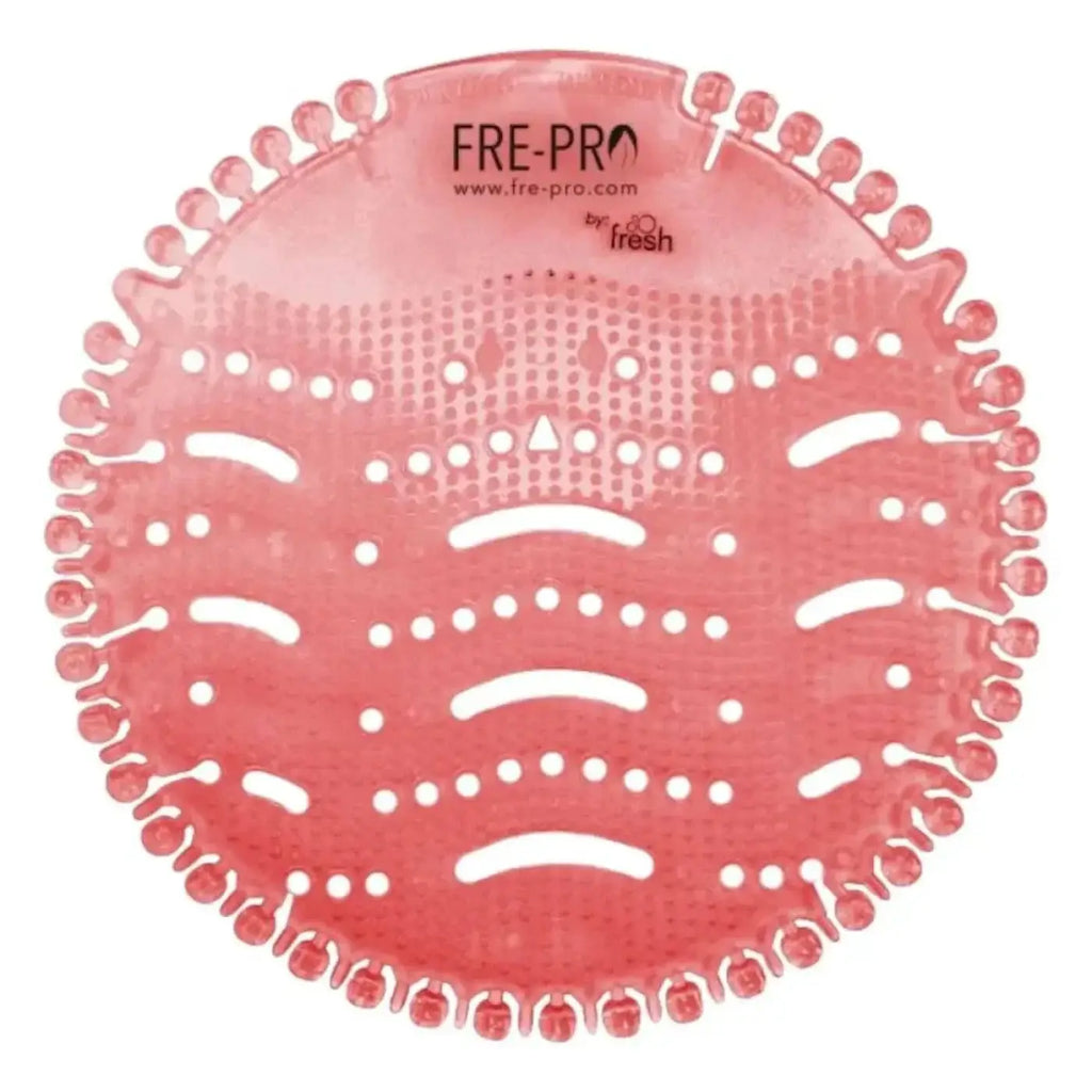 Rosa transparente fre-pro urinaleinlage mit erhabenen punkten und ausschnitten am rand für frische toilette