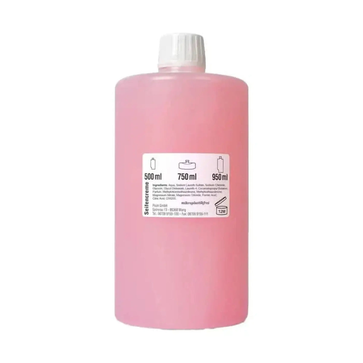 Pink durchscheinende plastikflasche mit weißem schraubverschluss und 750 ml seifencreme etikett funny seifencreme mo 950 ml