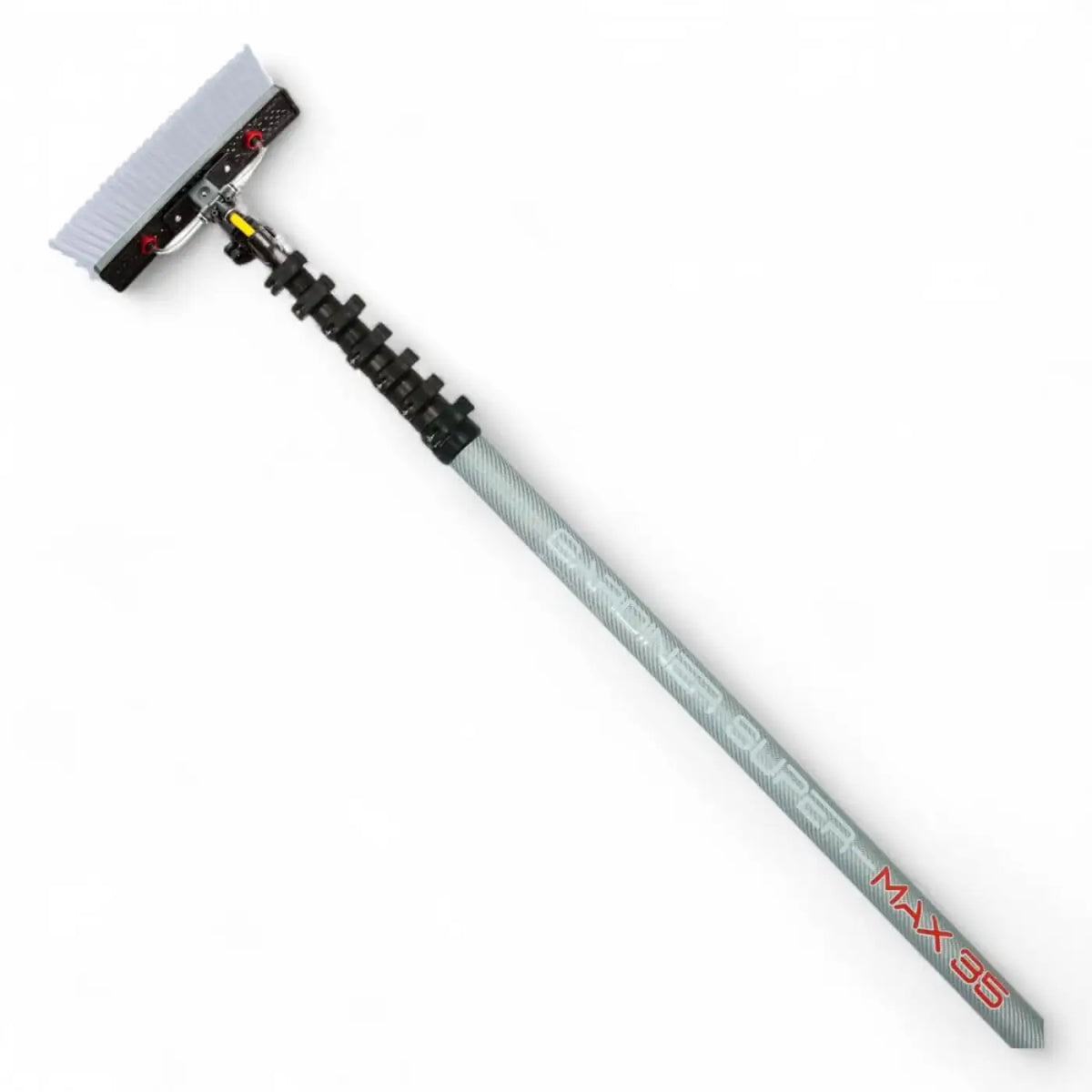 Silver und schwarze teleskopische fensterreinigungsstange aus karbon mit weißem bürstenkopf extreme super max 35