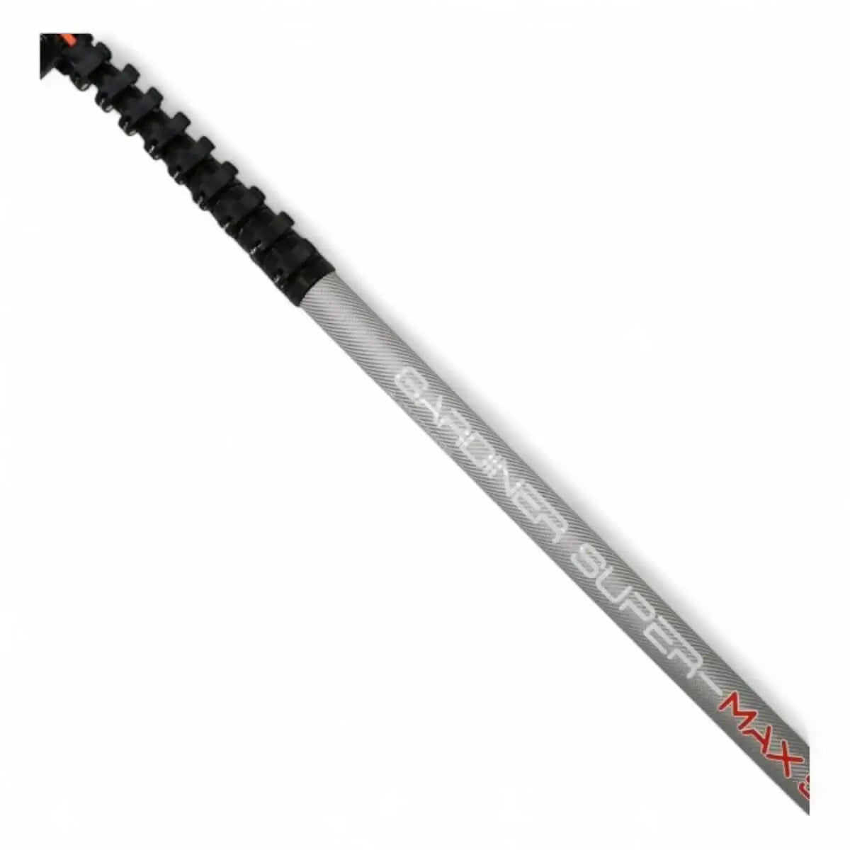 Silberner carbon-fischerstab gardiner super max 50 & 63 mit schwarzem griff und roten akzent buchstaben