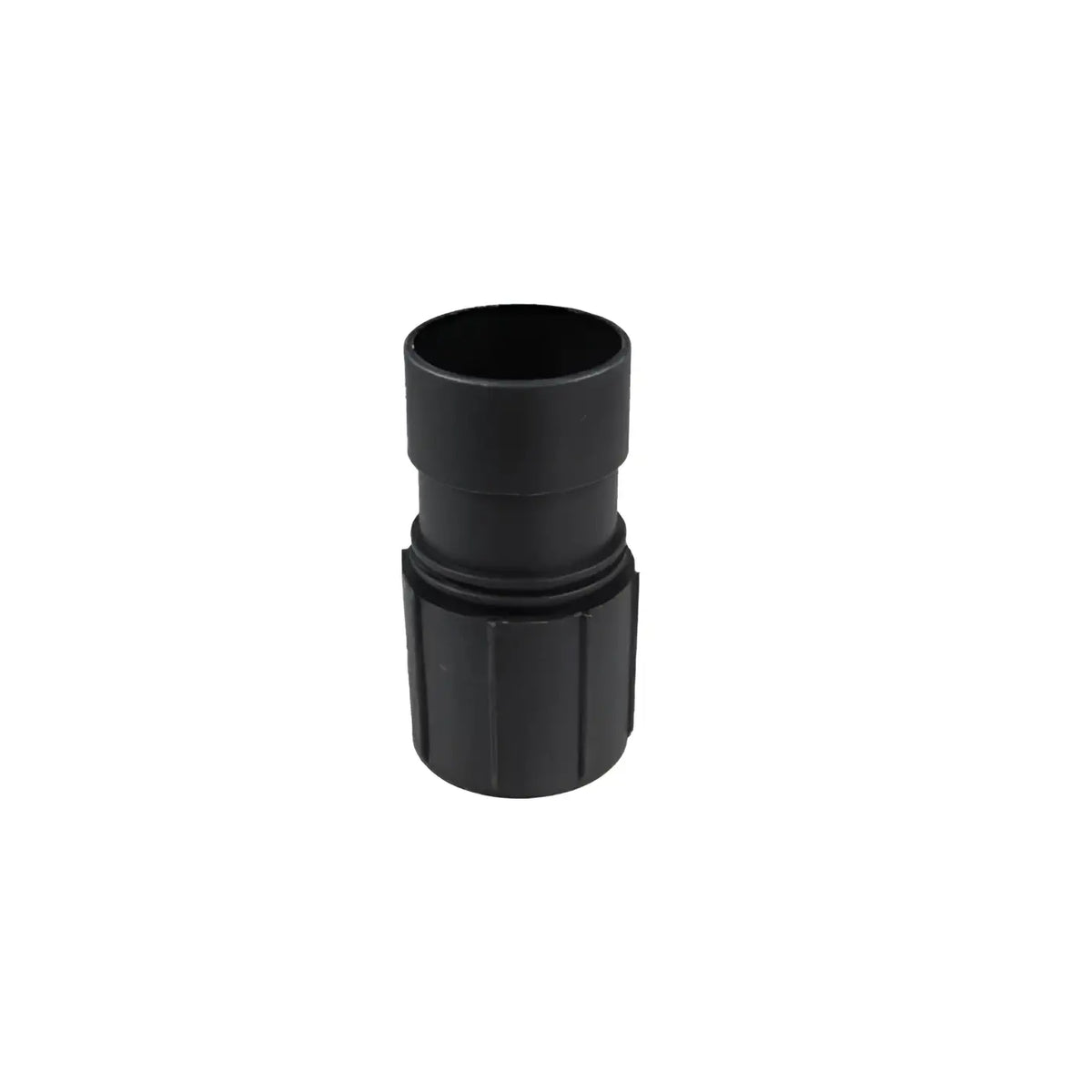 Schwarze plastikgeräteanschluss muffe ø38mm mit geriffelter oberfläche und gewindeverbindung sichtbar von hinten