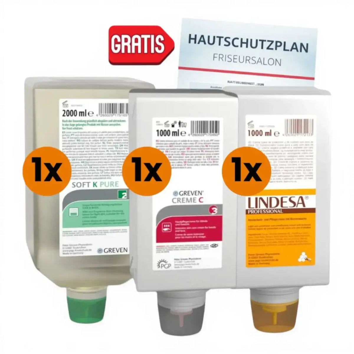 Drei weiße plastikflaschen mit haarschutzpaket für friseure und barber von soft k pure, greven crème c und lindesa professional