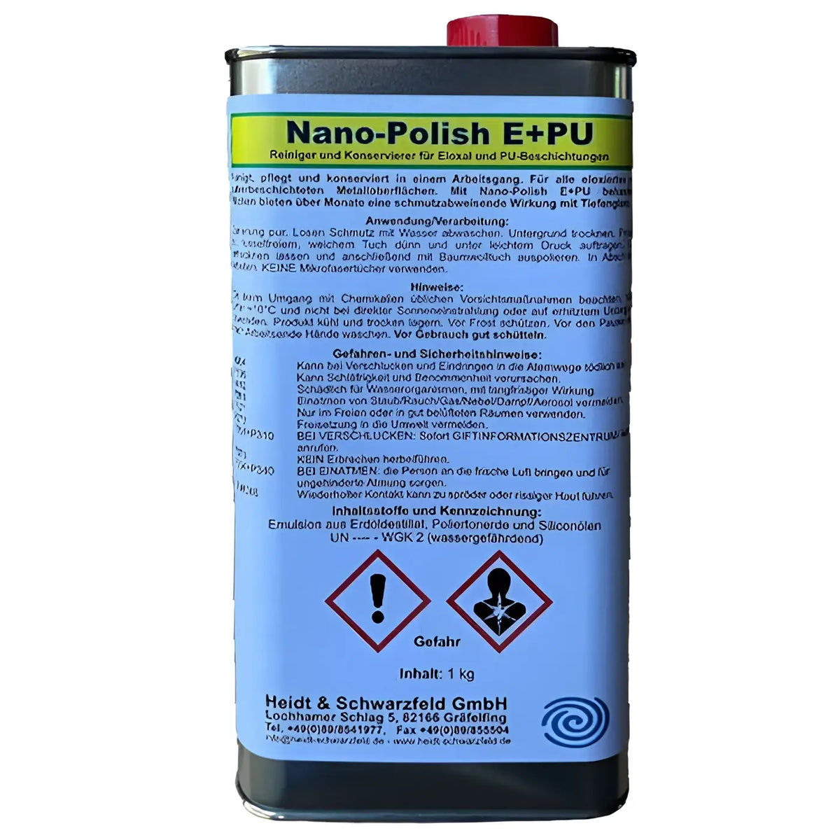 Ein zylindrisches metallgebinde mit rotem verschluss und blauem etikett für heidt & schwarzfeld nano-polish e pu politur 1kg