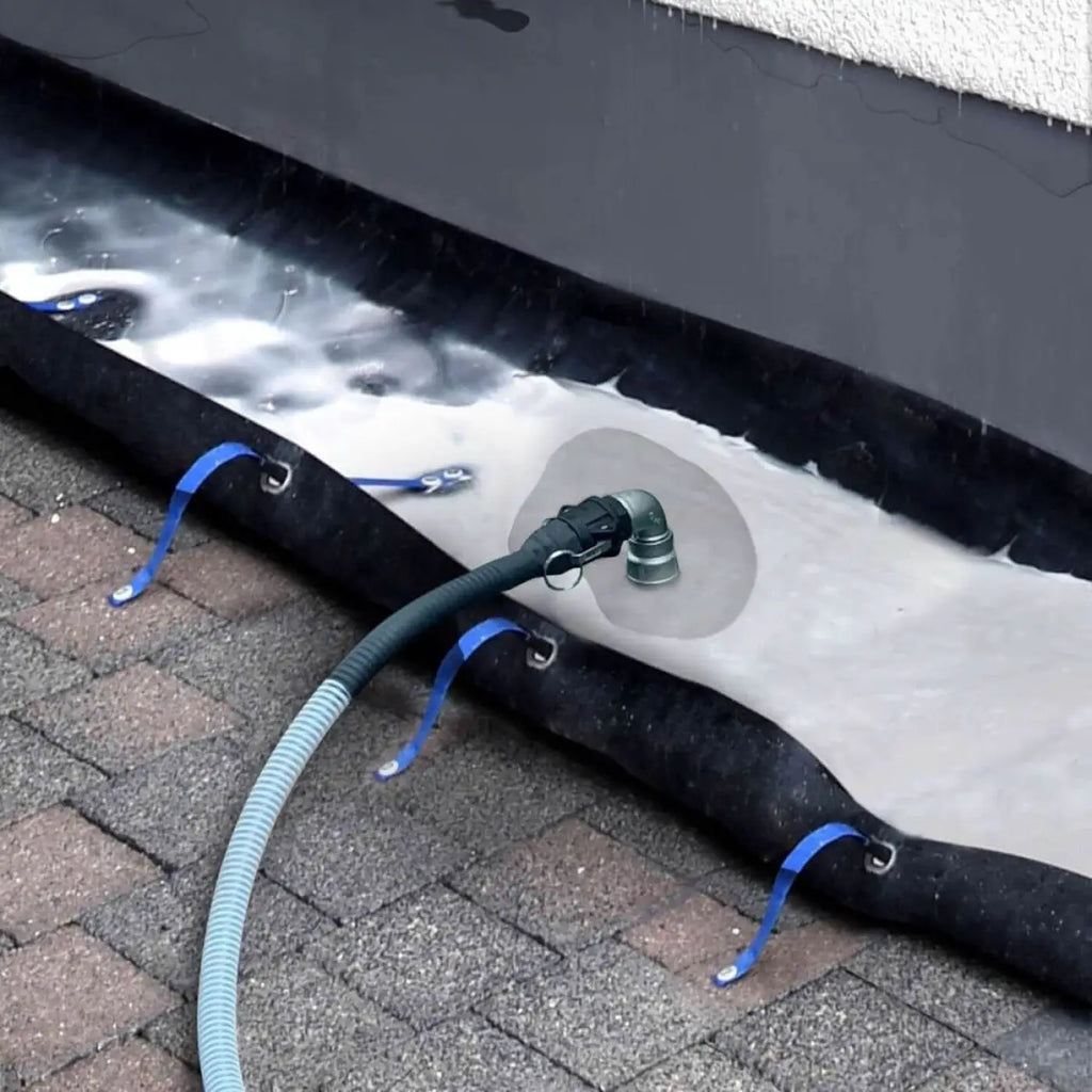 Schwarz-weißer aufblasbarer dachrinnenfilter mit blauen gurten für hermes absaug-zubehör