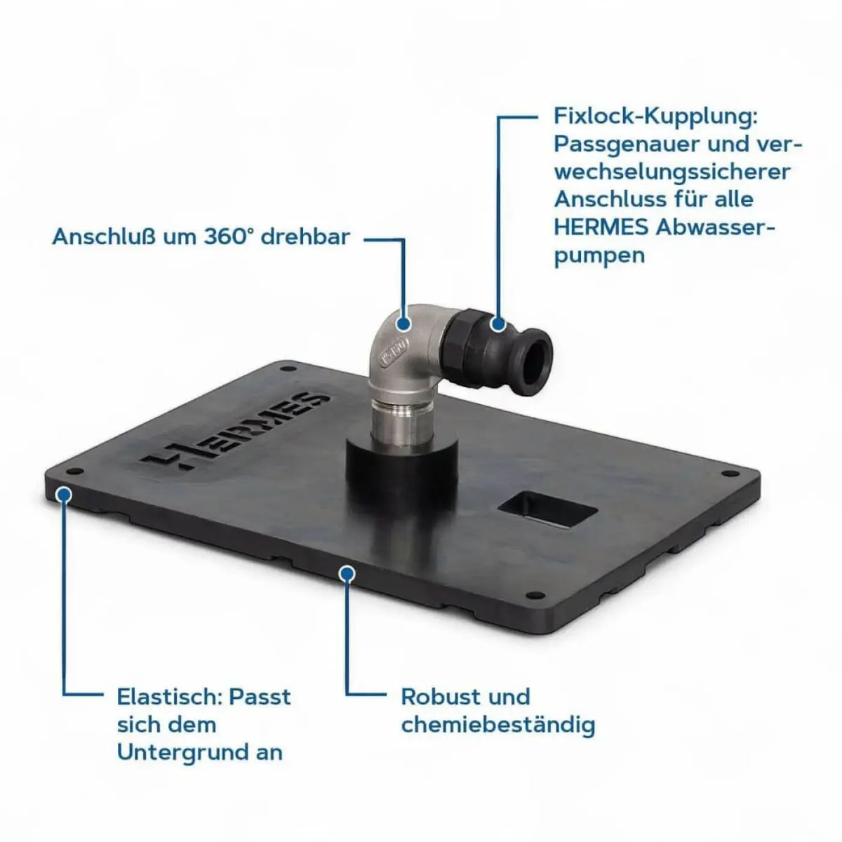 Schwarze gummibasis mit silbernem metall 90-grad-winkelrohr für sichere verbindung zu hermes abwasserpumpen