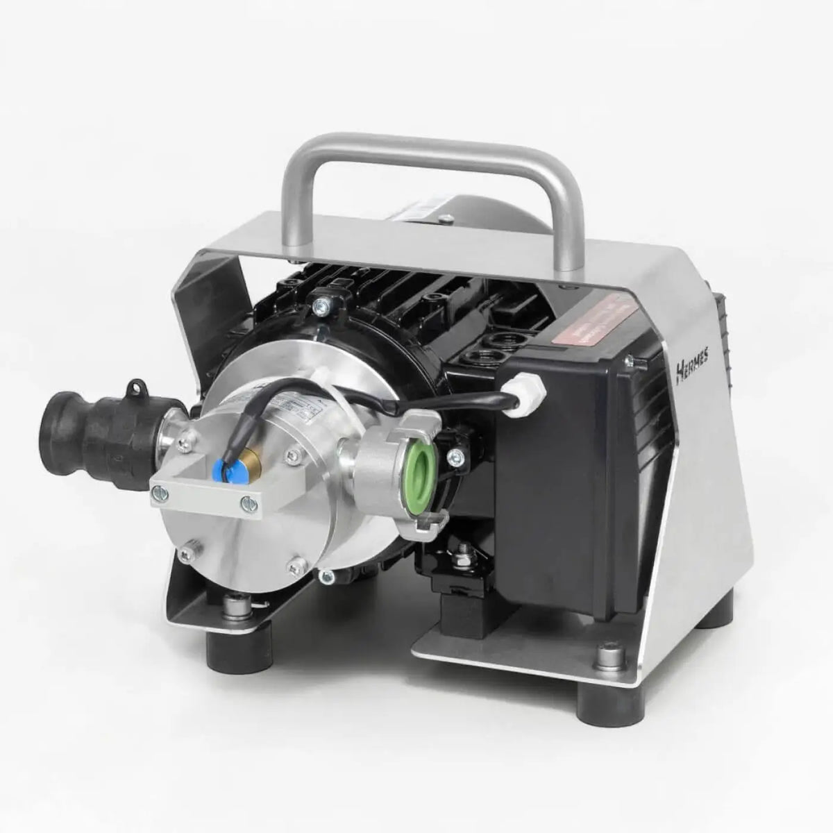 HERMES Abwasserpumpe 2.0 industrielle silber-schwarze pumpe mit robustem griff und grünen sowie blauen anschlüssen