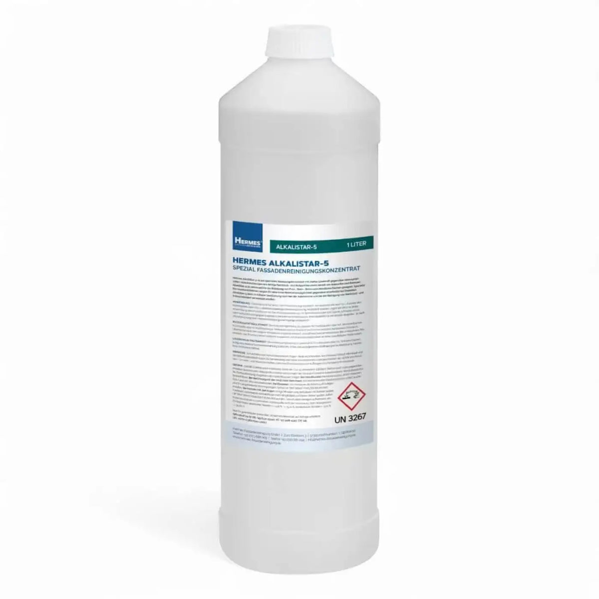 Weiße plastikflasche hermes alkalistar-5 konzentrat 1 liter mit etikett und 1 liter fassungsvermögen