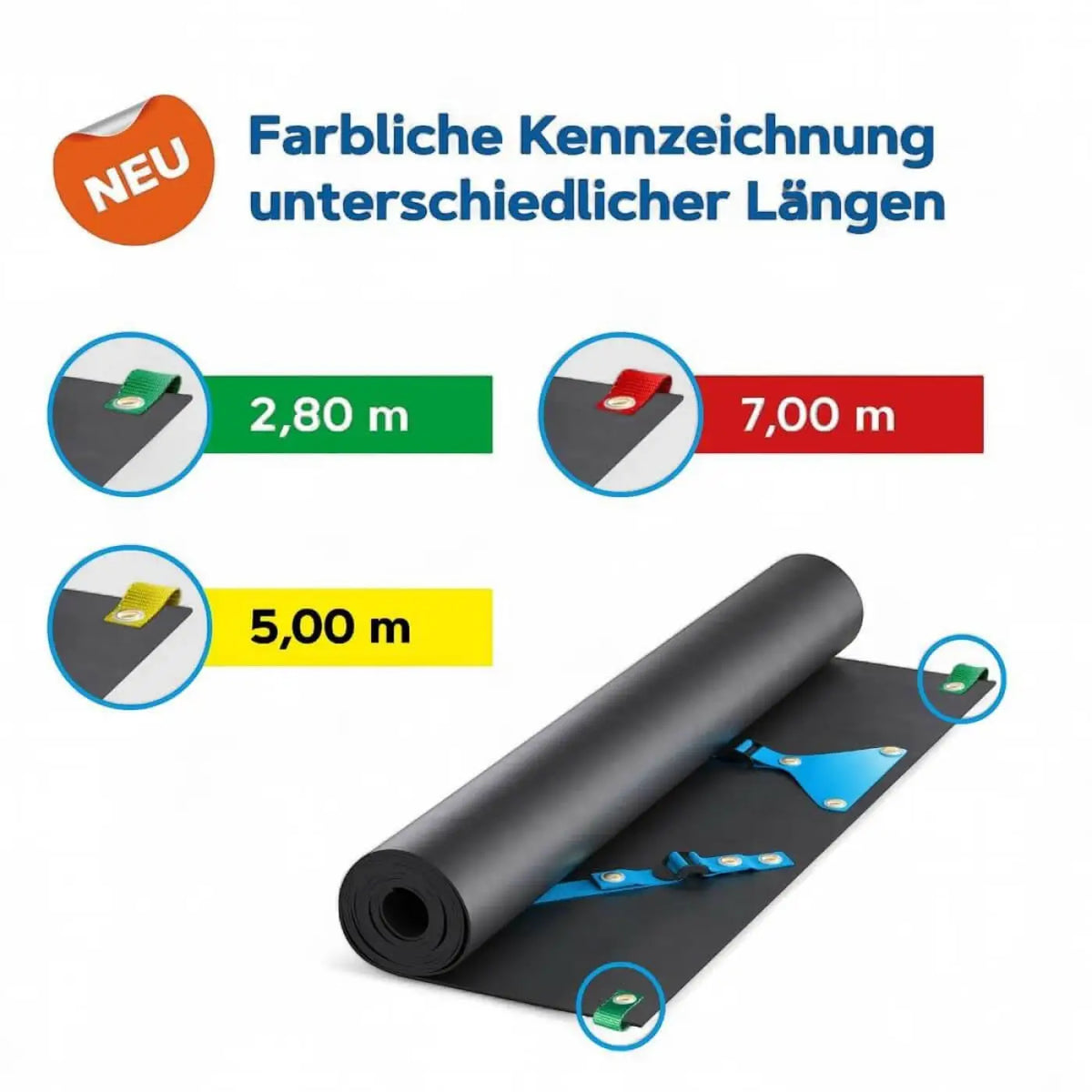 Schwarze rolle klebeband mit blauen metallklammern und farbigen markierungen bei hermes auffangwanne 3.0