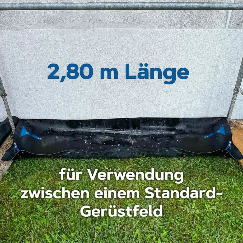 Schwarze wasserdichte hermes auffangwanne 3.0 mit blauen dreiecksakzenten und verstärkten kanten für gerüstrahmen
