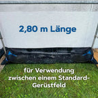 Schwarze wasserdichte hermes auffangwanne 3.0 mit blauen dreiecksakzenten und verstärkten kanten für gerüstrahmen