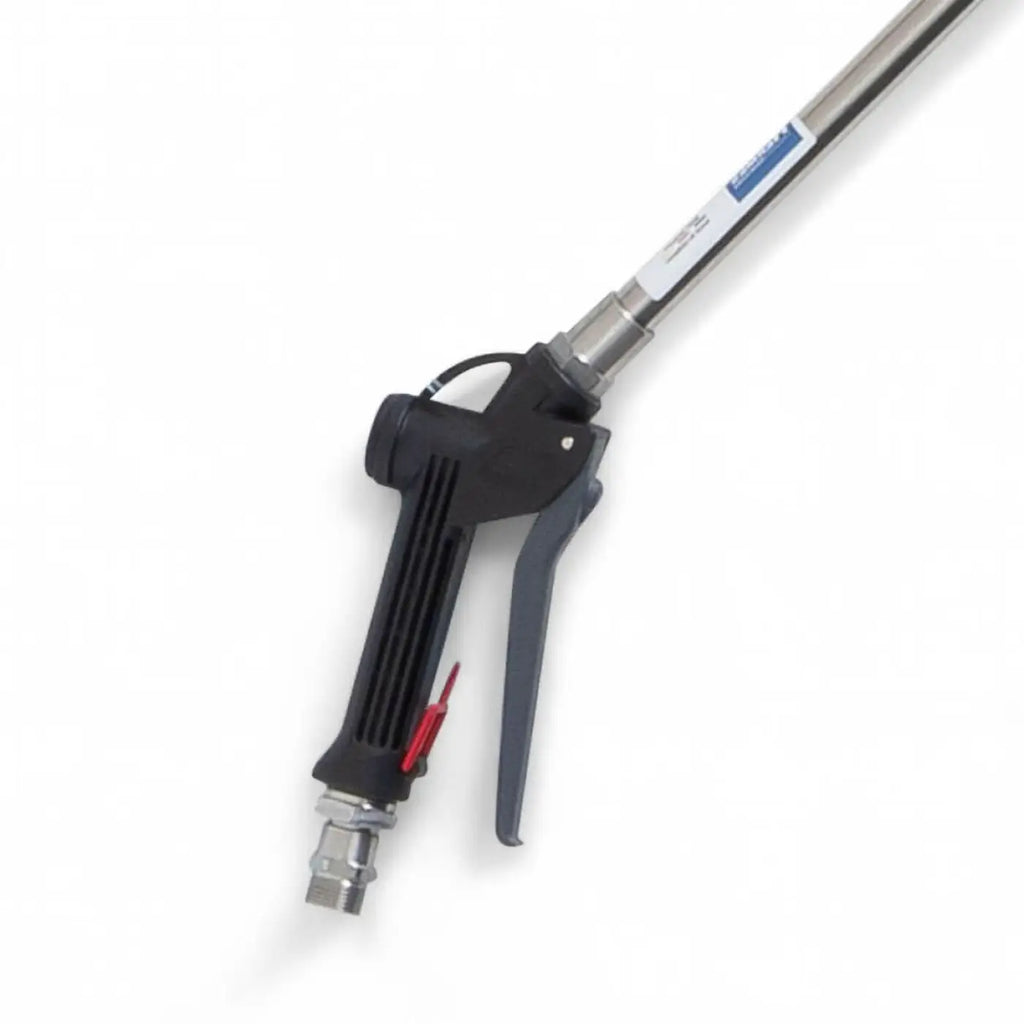 Black and gray industrial pressure washer nozzle with red trigger attached to metallic hose in hermes chemie teleskoplanze t2 professional