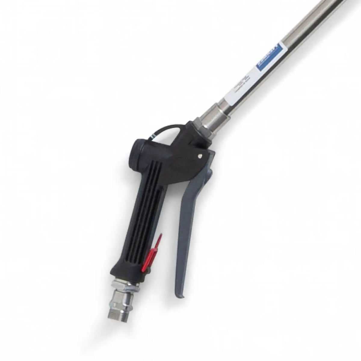 Black and gray industrial pressure washer nozzle with red trigger attached to metallic hose in hermes chemie teleskoplanze t2 professional
