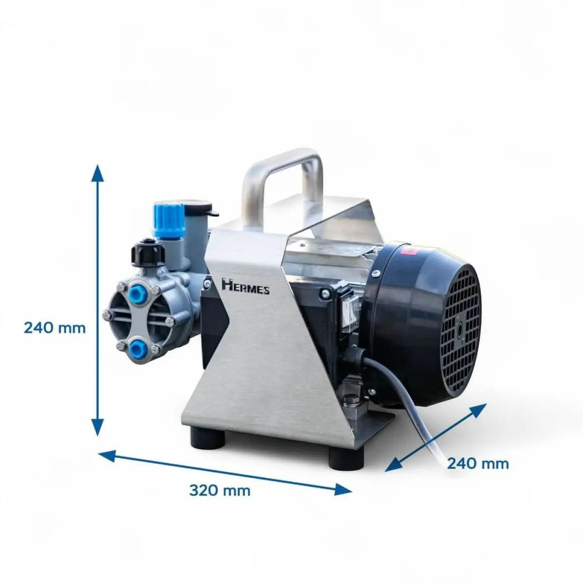 Industrielle hermes chemiepumpe s mit elegantem edelstahlgehäuse, schwarzem motor und blau akzentuierten anschlüssen