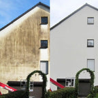 Hermes fassadenrein hf1 plus 20 liter zeigt frisch gestrichene weiße fassade im vergleich zu verblasster beige-brauner wand