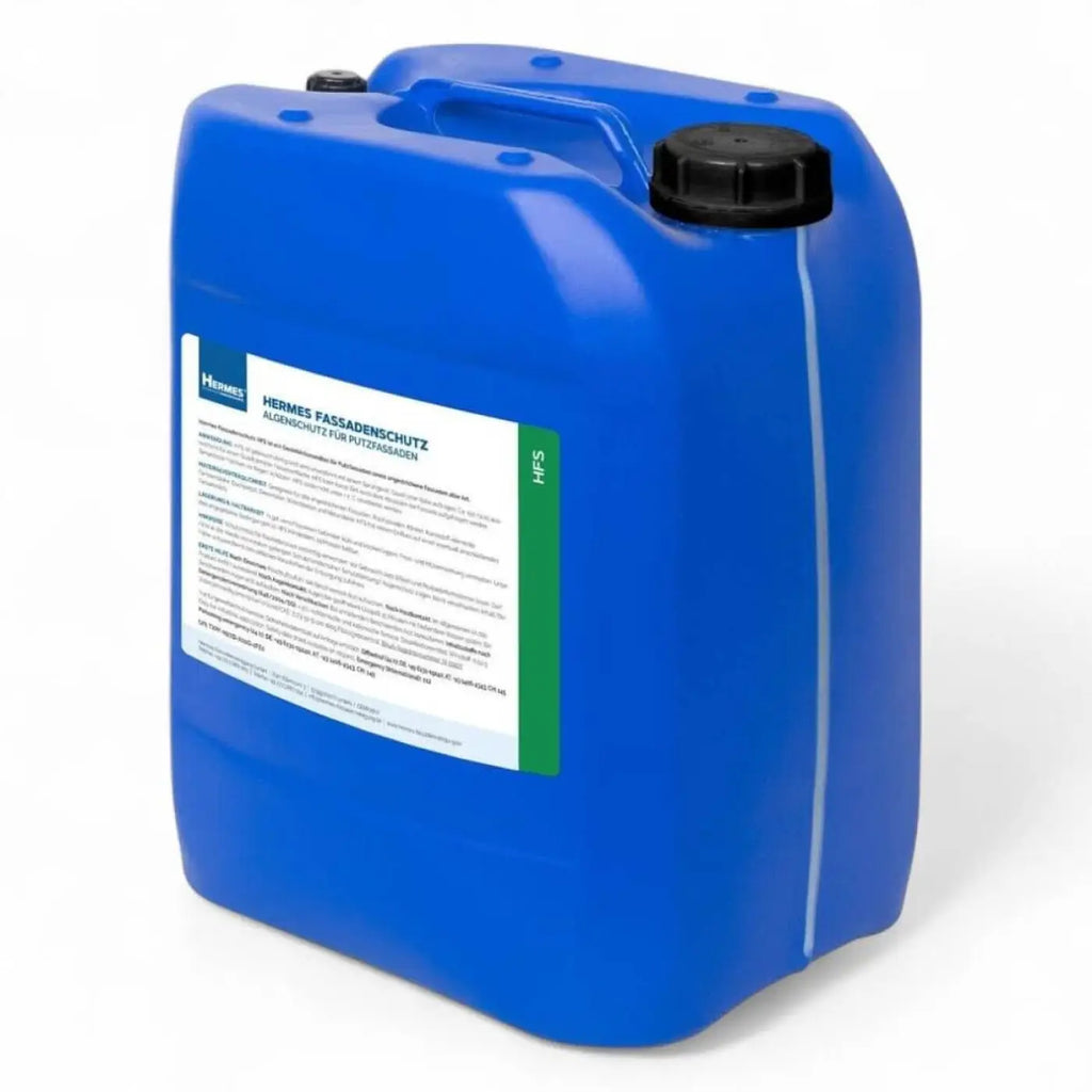 Blauer plastikkanister hermes fassadenschutz hfs 20 liter mit schwarzem verschluss und weißem etikett grünem rand