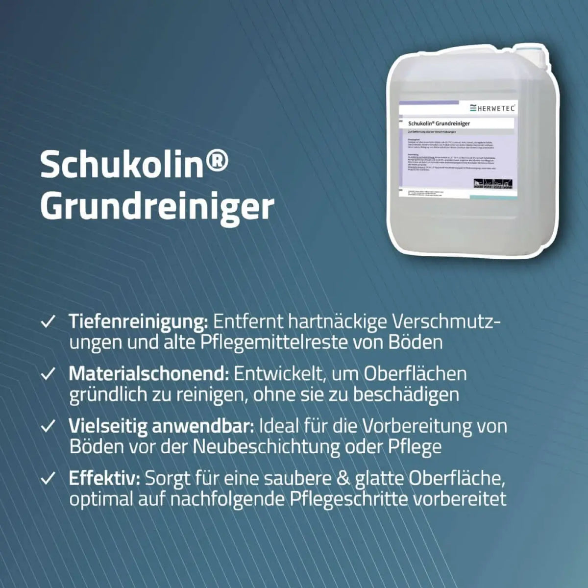 Ein durchsichtig weißer kunststoffkanister mit griff und ausguss, etikettiert hernetec schukolin grundreiniger 10 liter