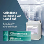 Weiße kunststoffkanister mit griff und ausgießer labeled schukolin grundreiniger von herwetec für industrielle reinigung 10 liter