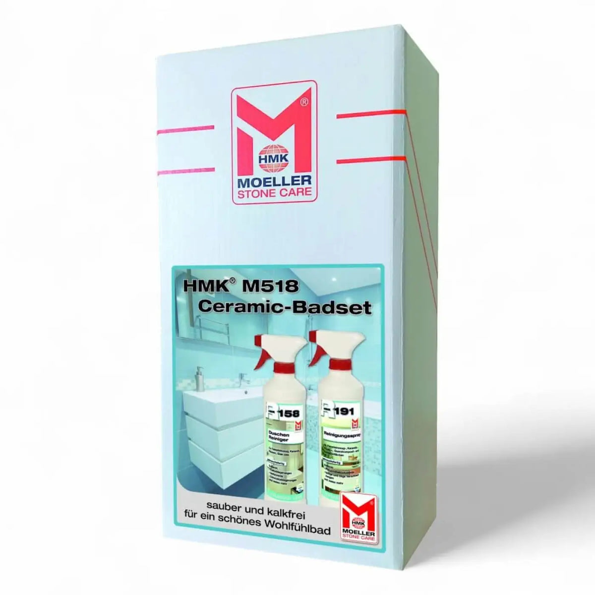 Hellblauer rechteckiger karton für hmk m518 ceramic-badset mit zwei weißen sprays mit roten verschlüssen und etiketten