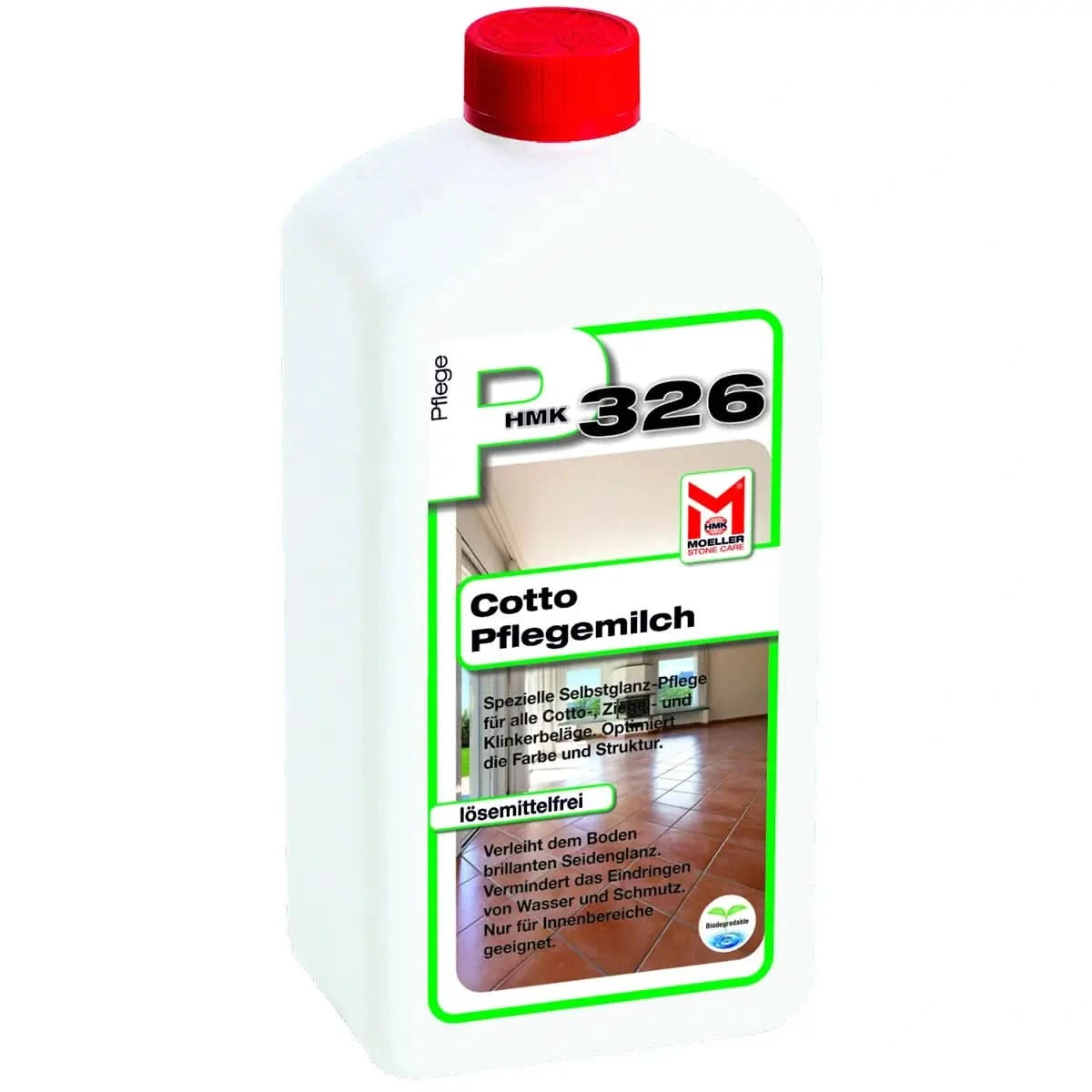 Weiße plastikflasche mit rotem deckel und grün umrandetem etikett von möller stone care hmk 326 cotto pflegemilch 1l