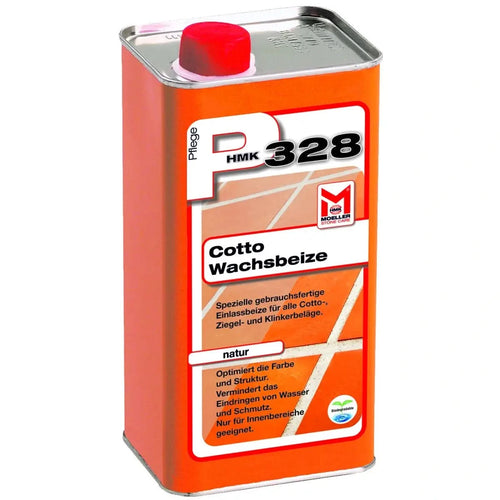 Orange metalldose mit rotem verschluss von möller stone care für hmk p328 cotto-wachsbeize natur 1l