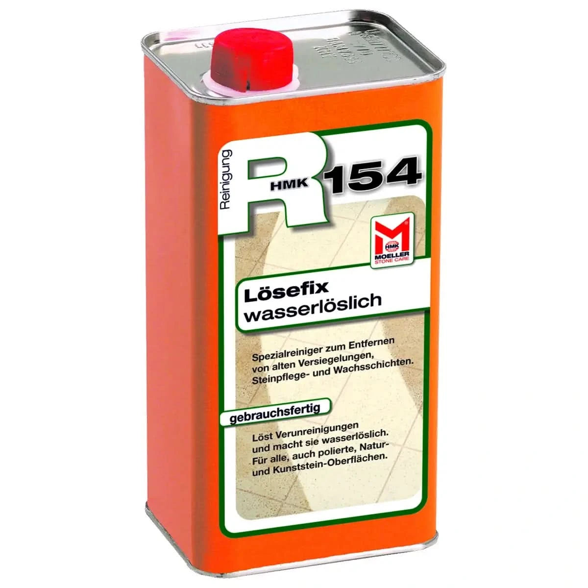 Orange metalldose mit rotem verschluss und weißem etiketthmk r154 lösefix wasserlöslicher fleckenentferner 5l