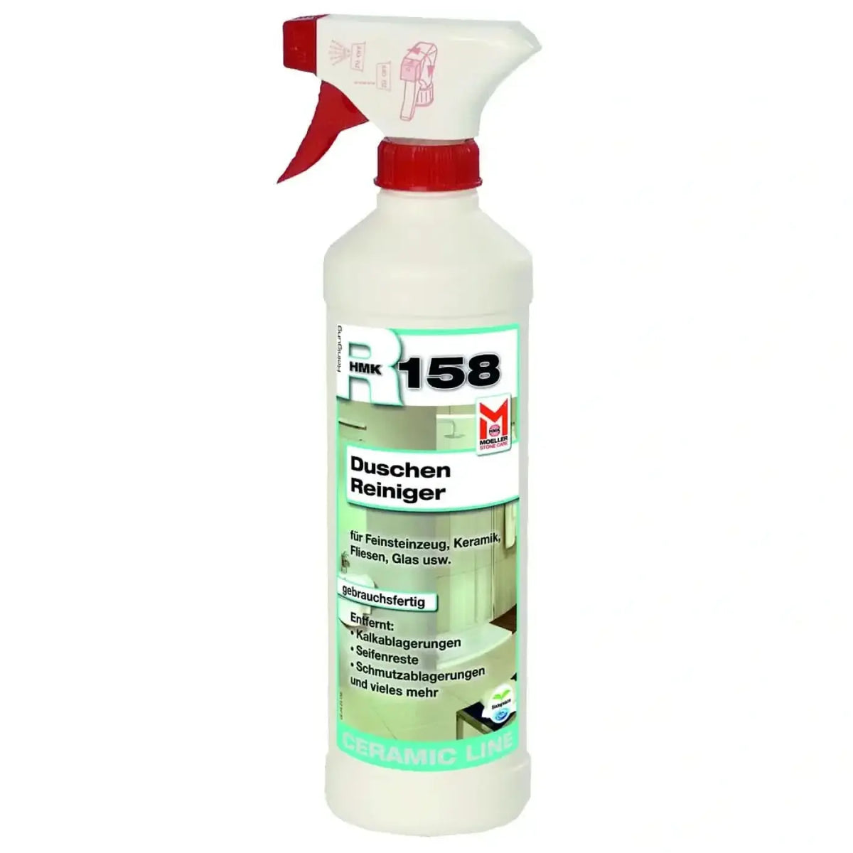 Weiße kunststoff-sprühflasche mit rotem auslöser und hmK 158 duschen reiniger etikett für keramische oberflächen
