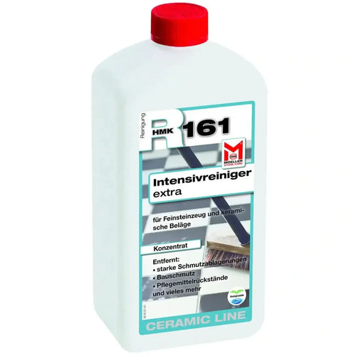 Weiße kunststoffflasche mit rotem deckel und türkisfarbenem etikett von möller stone care für intensive reinigung von stein- und keramikflächen hm k r161 feinsteinzeug intensivreiniger extra 1 l