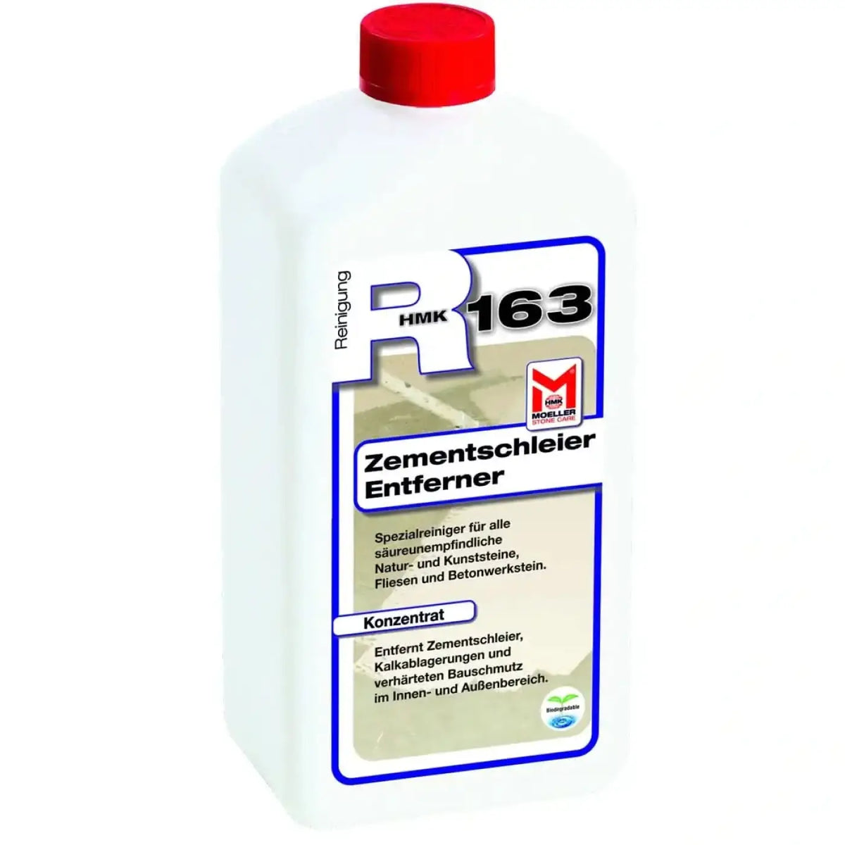 Weiße plastikflasche mit rotem deckel und blau umrahmtem etikett von möller hm k r163 zementschleier entferner 1l