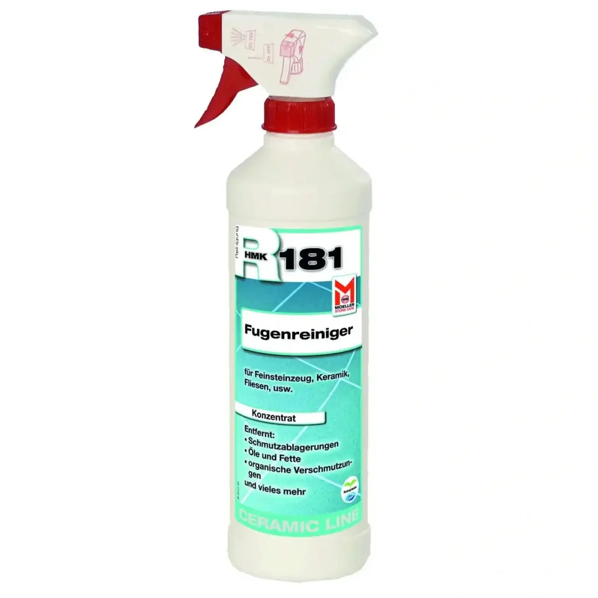 Weiße kunststoff-sprühflasche mit rotem abzug und deckel hmk r181 fugenreiniger 500ml für keramikfliesenreinigung